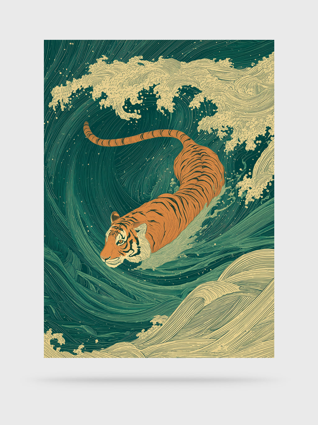 Against the Current — HOOKD Studio limited edition fine art print, unframed tiger swimming through waves on white background
