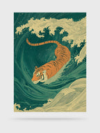 Against the Current — HOOKD Studio limited edition fine art print, unframed tiger swimming through waves on white background