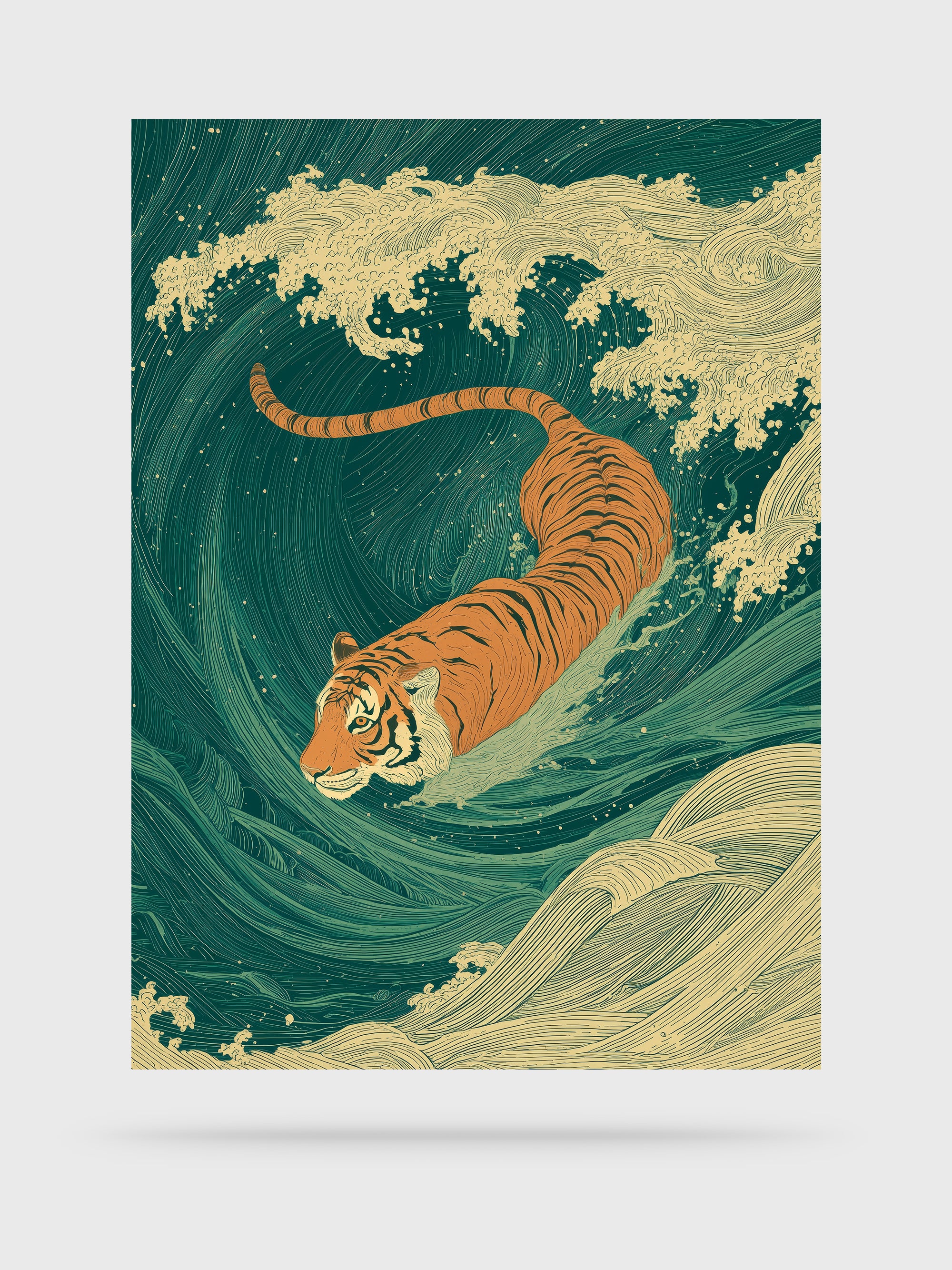 Against the Current — HOOKD Studio limited edition fine art print, unframed tiger swimming through waves on white background