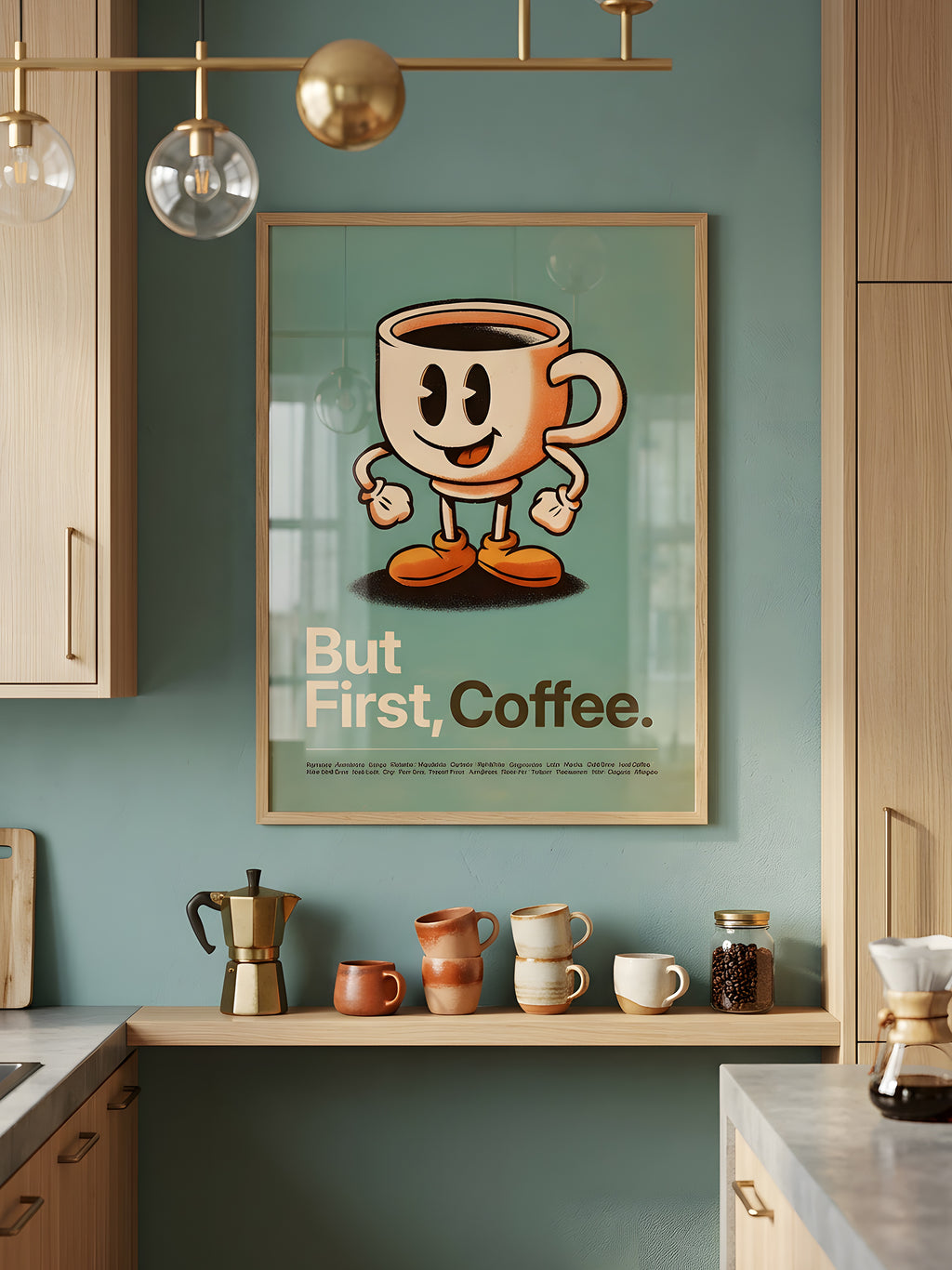 But First, Coffee art print displayed in a modern living space
