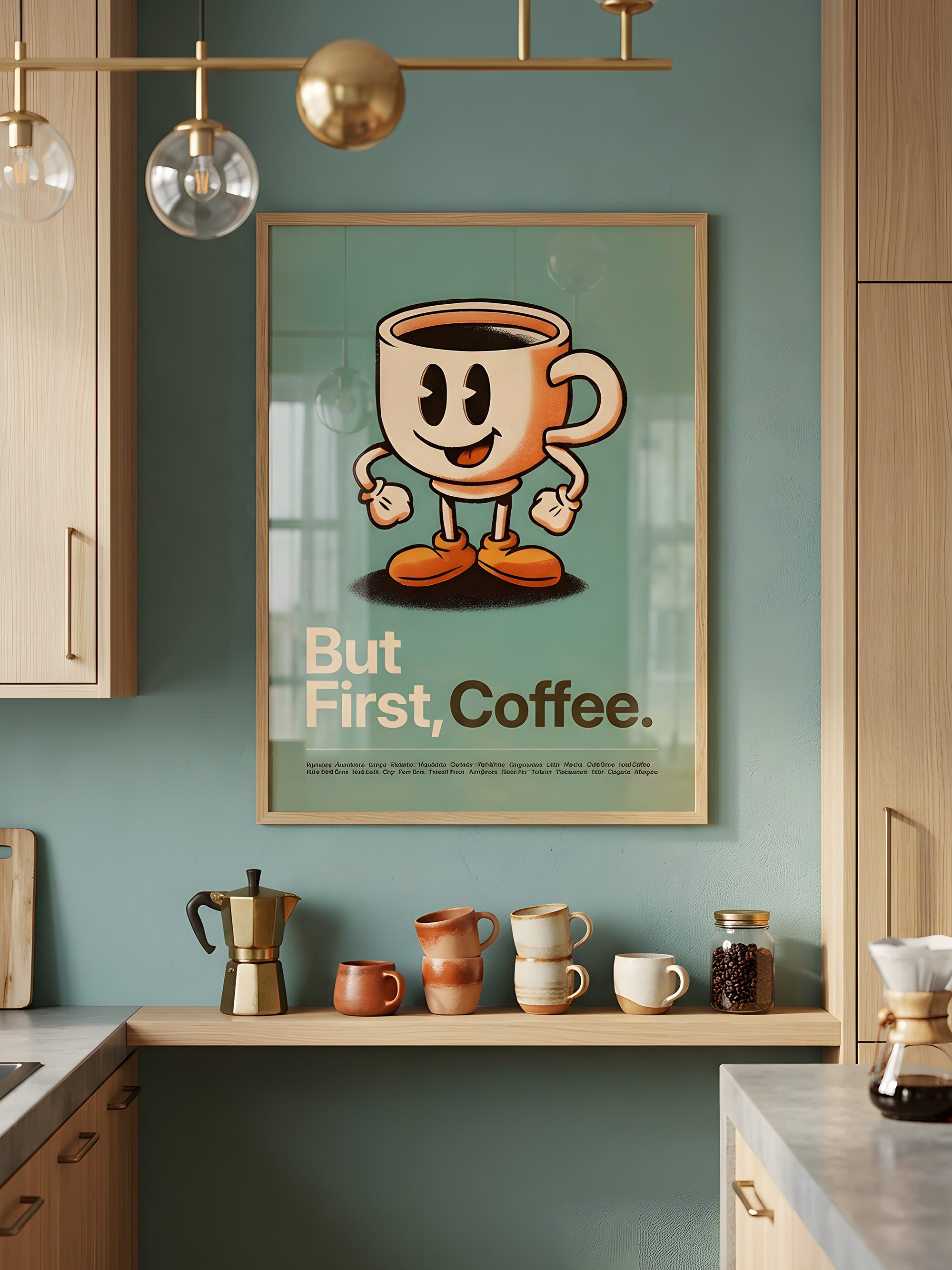 But First, Coffee art print displayed in a modern living space