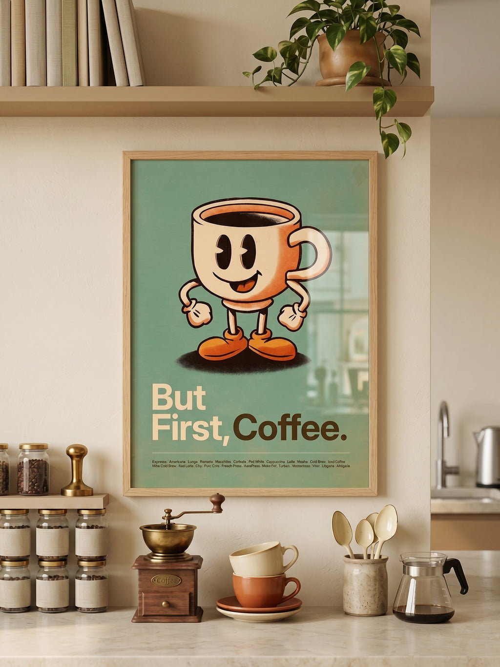 But First, Coffee art print displayed in a styled interior