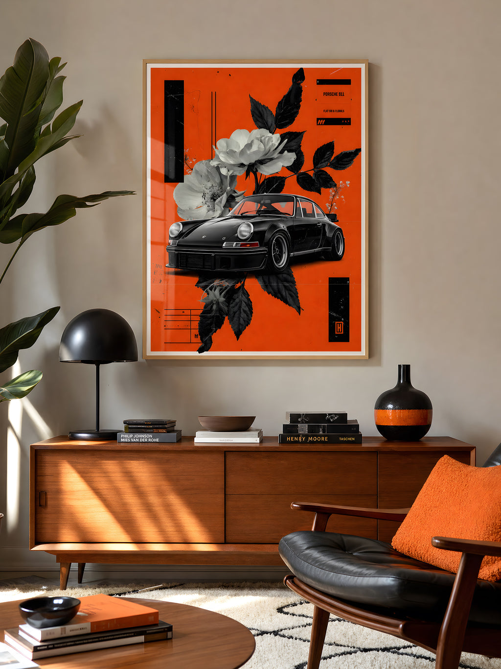 Modern living room with a framed artwork of a car and flowers on an orange background, wooden sideboard, and chair.