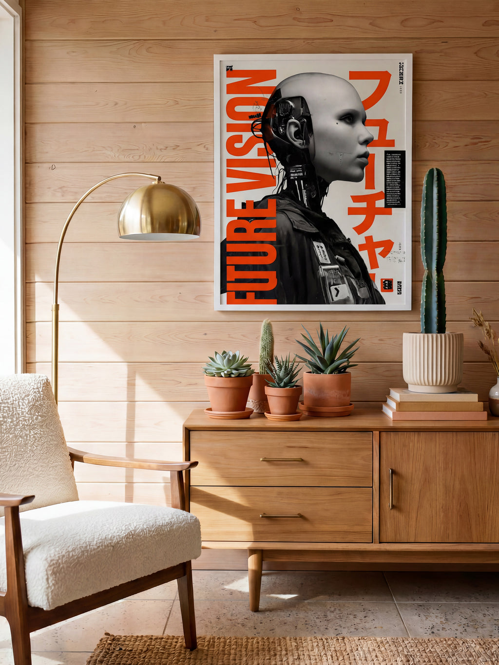 Near Future art print in white frame displayed in a modern living room
