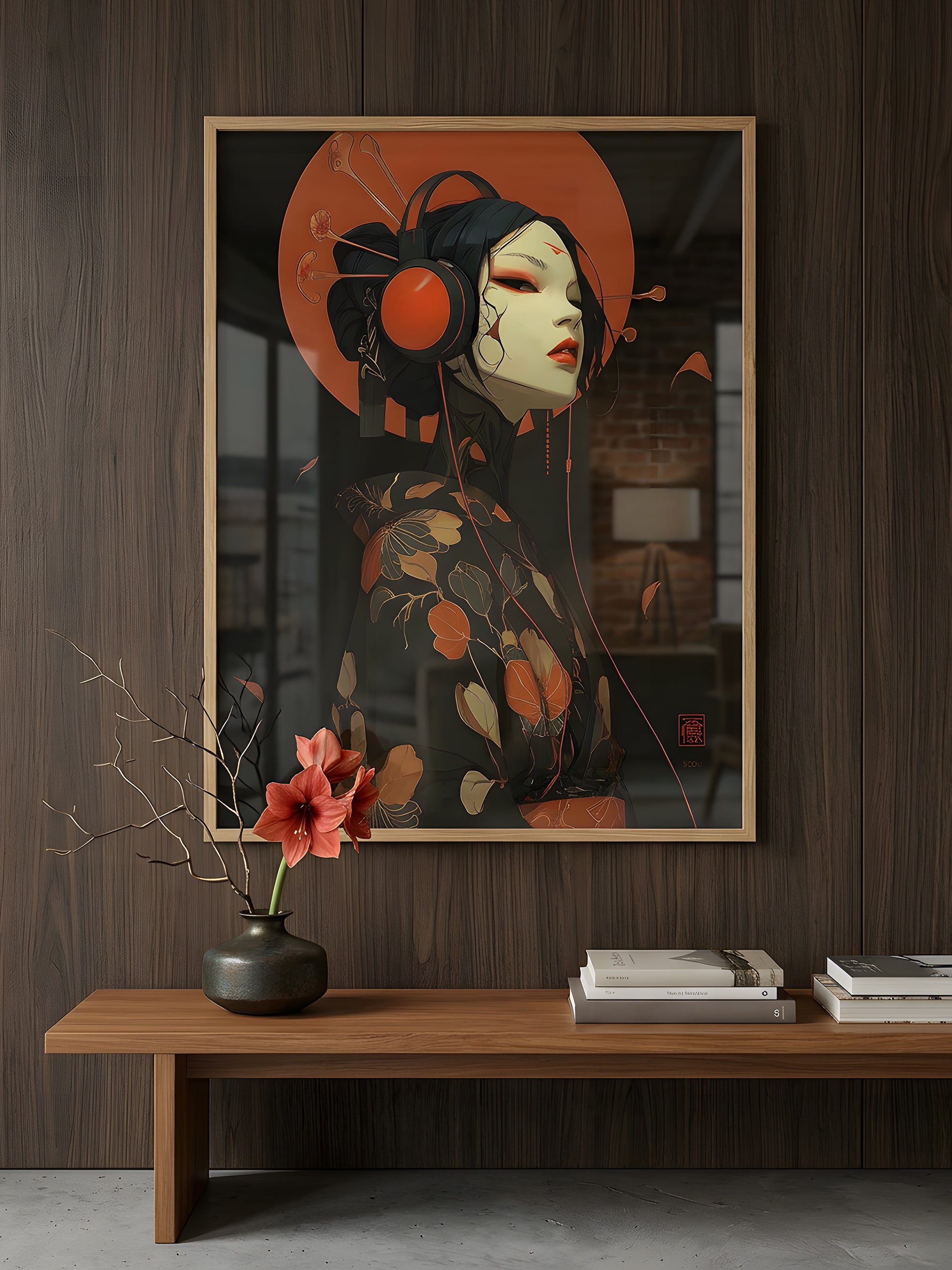 Crimson Signal art print displayed in a styled living space