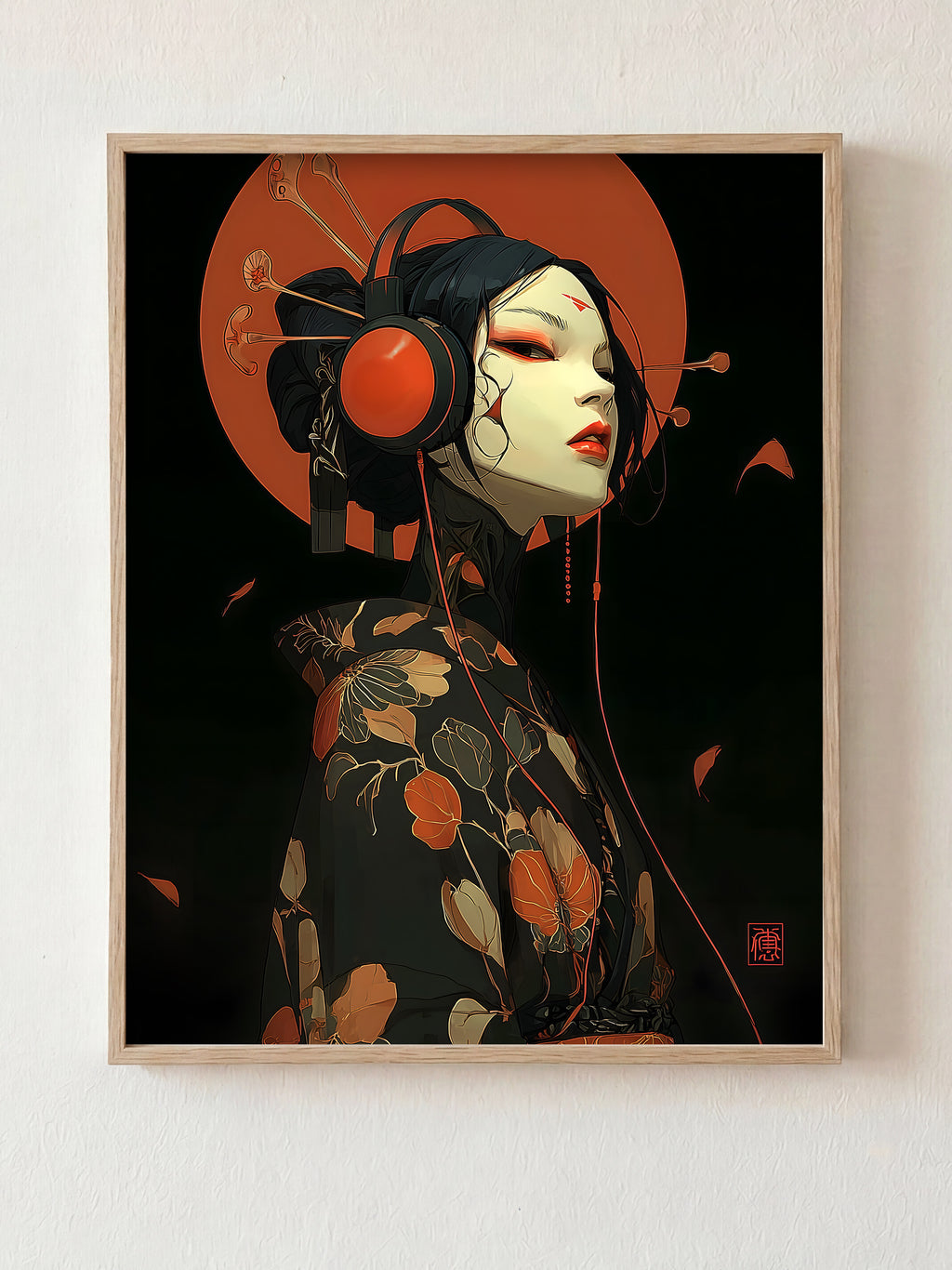 Crimson Signal fine art print in natural wood frame by HOOKD Studio