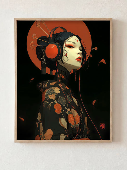 Crimson Signal fine art print in natural wood frame by HOOKD Studio