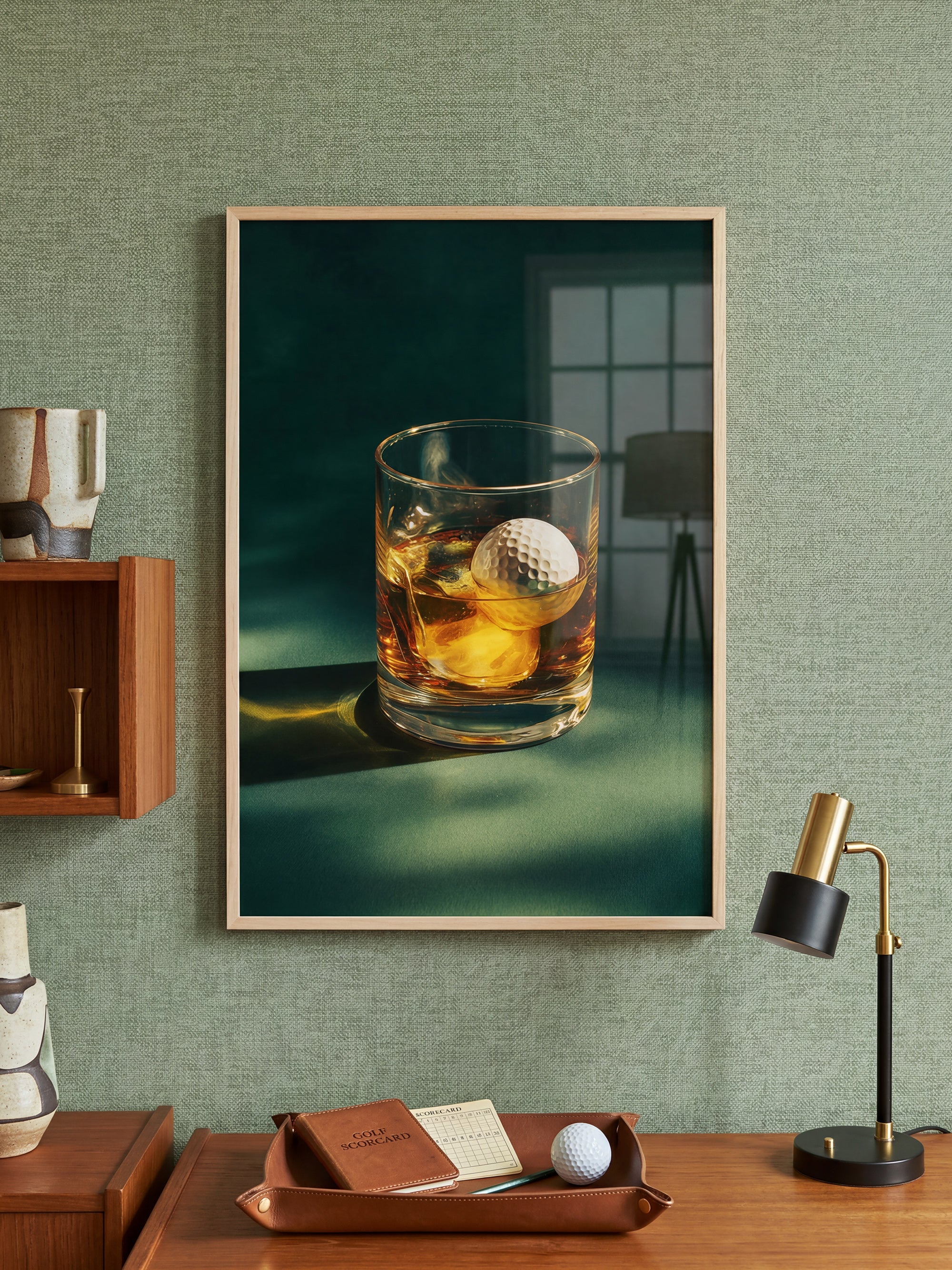 The 19th Hole art print displayed in a styled living space