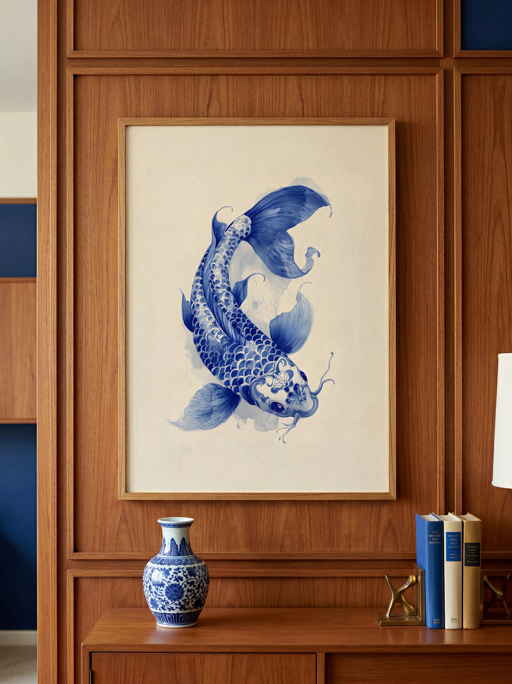 Porcelain Koi art print displayed in a modern interior