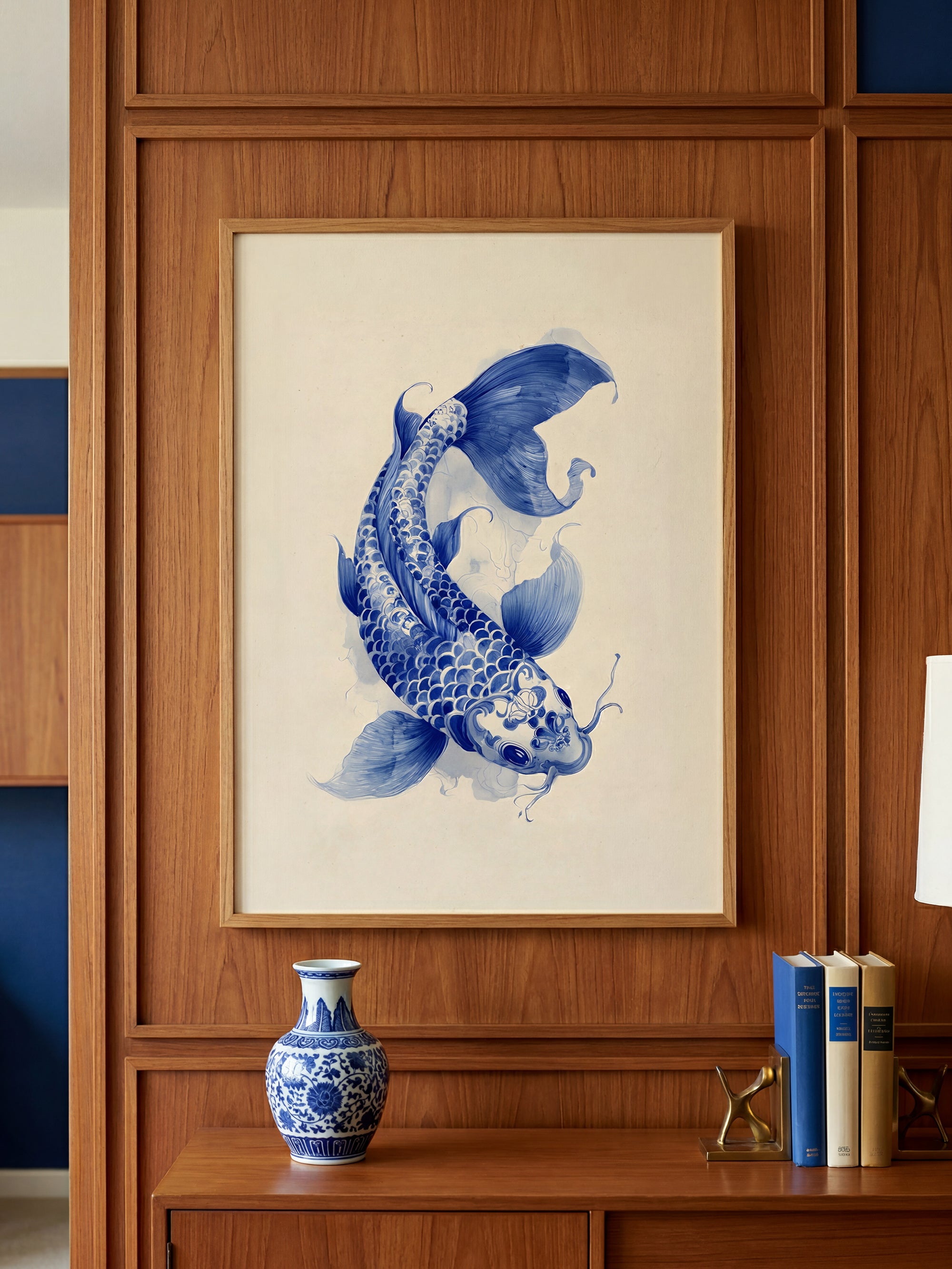 Porcelain Koi art print displayed in a modern interior