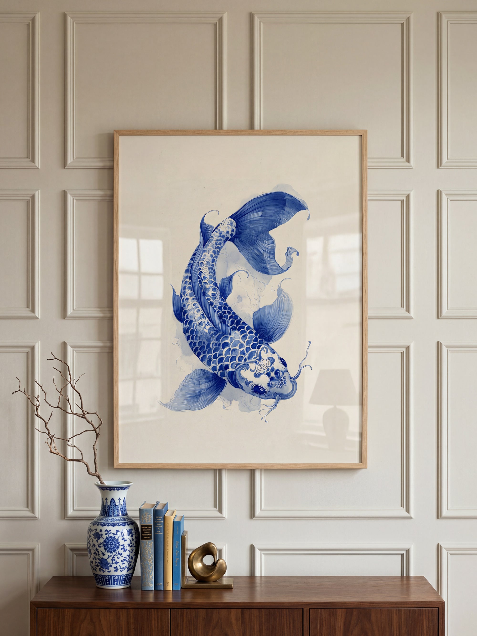 Porcelain Koi art print displayed in a styled living space
