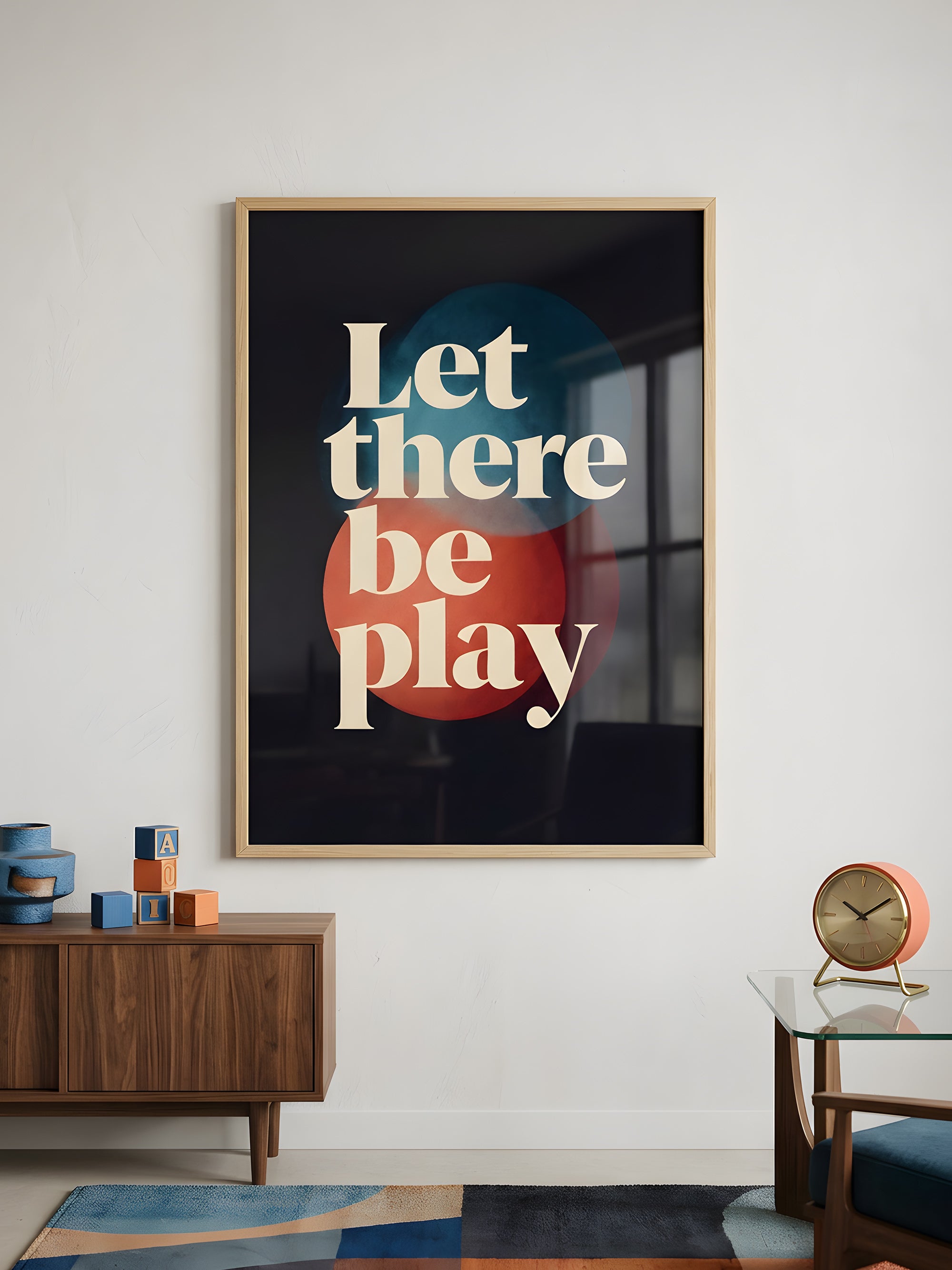 Let There Be Play art print displayed in a styled living space