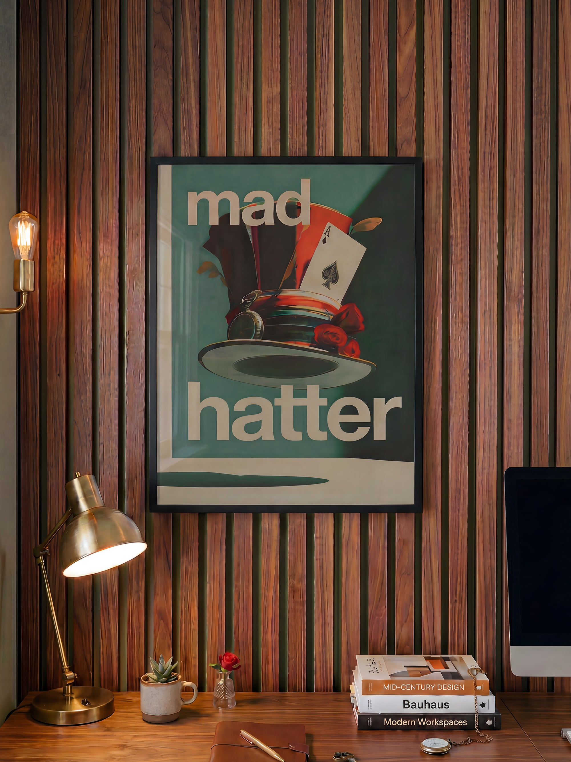 Mad Hatter fine art print displayed in a lifestyle setting, framed on a wooden slat wall above a desk with a lamp and books
