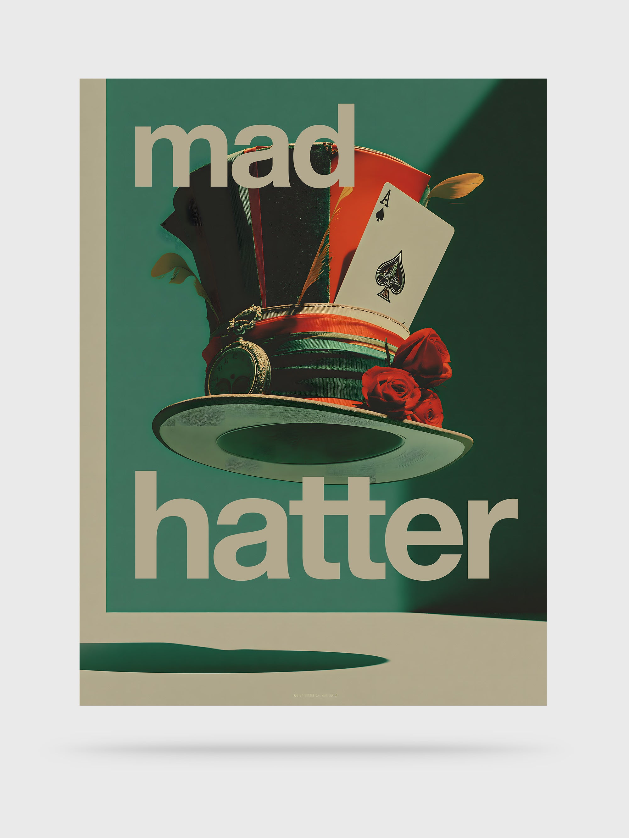 Mad Hatter — limited edition fine art print featuring a stylised top hat with playing cards and roses on a teal background, unframed print on white border
