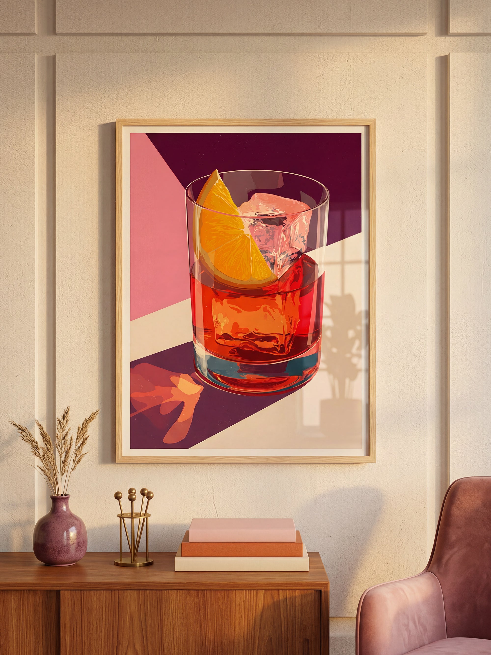 Negroni Golden Hour art print displayed in a styled living space