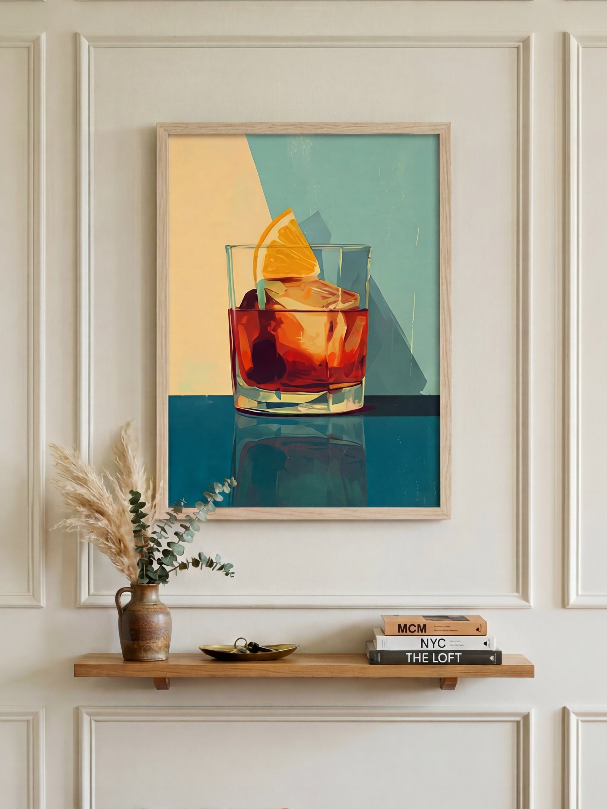 Old Fashioned fine art print in wood frame displayed in a modern living room — HOOKD Studio
