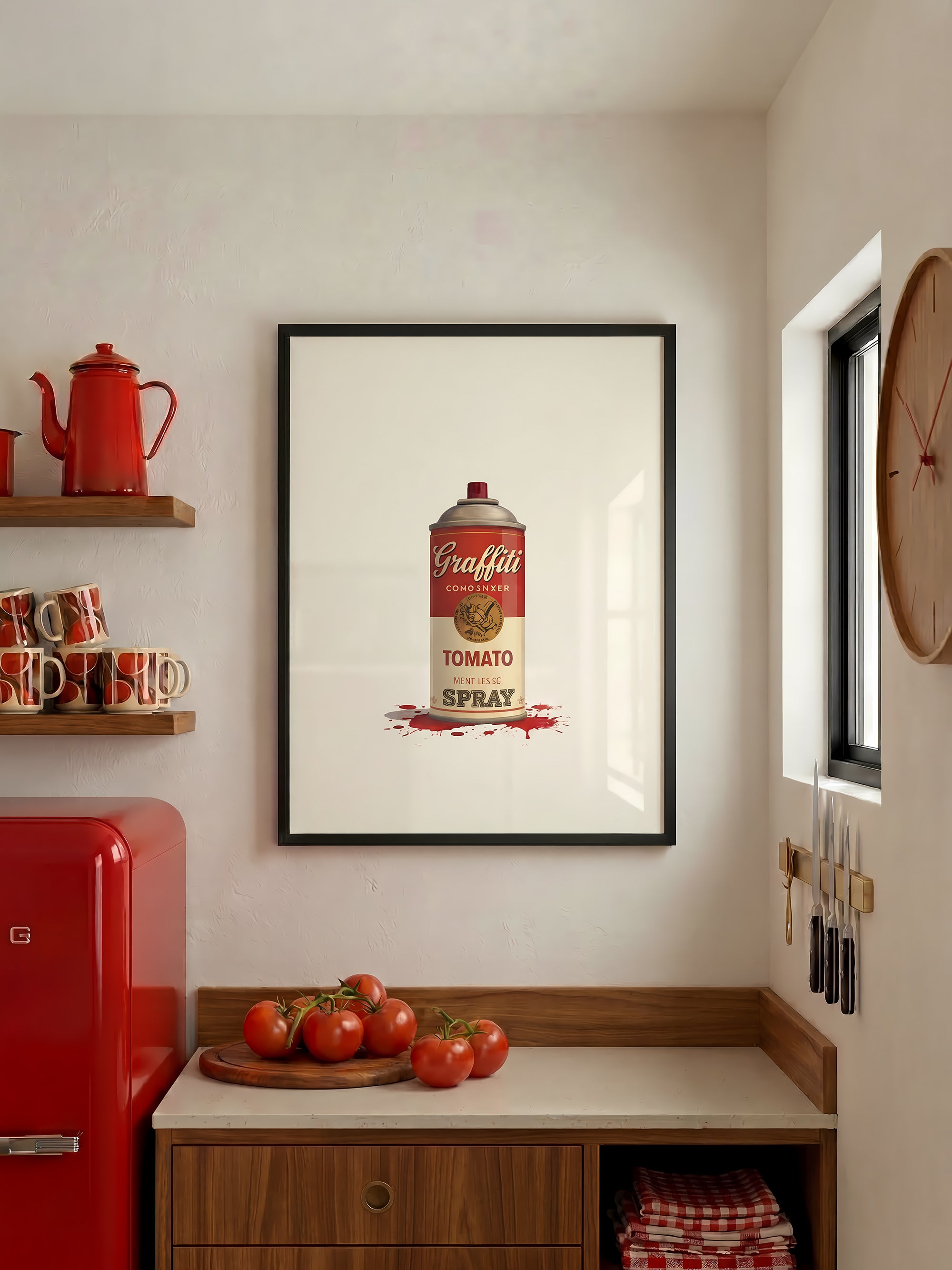 Tomato Spray Can fine art print, hanging on a kitchen wall, black wooden frame.