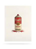 Can of 'Graffiti Tomato Spray' with tomato sauce splatter on a white background