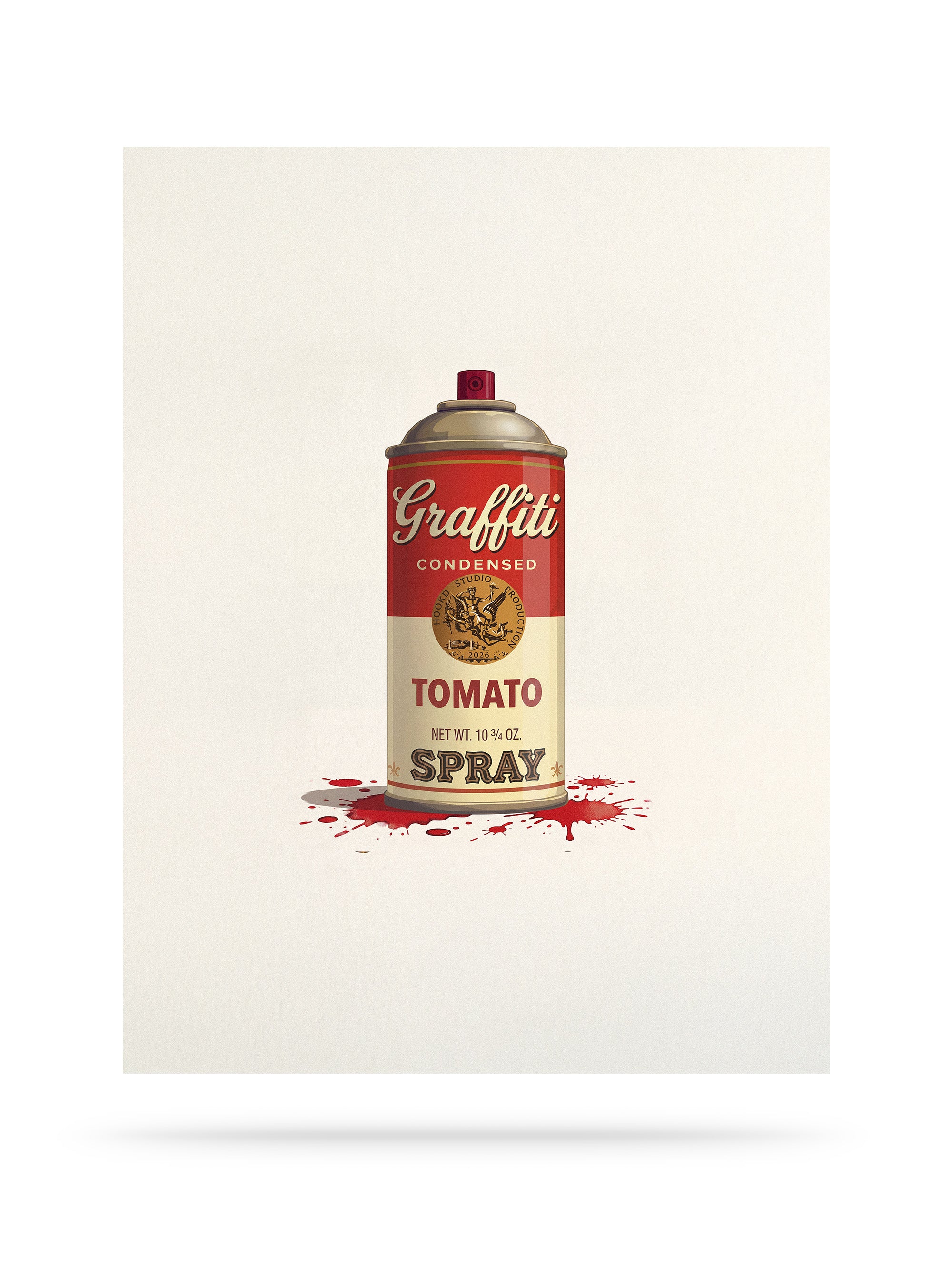 Can of 'Graffiti Tomato Spray' with tomato sauce splatter on a white background