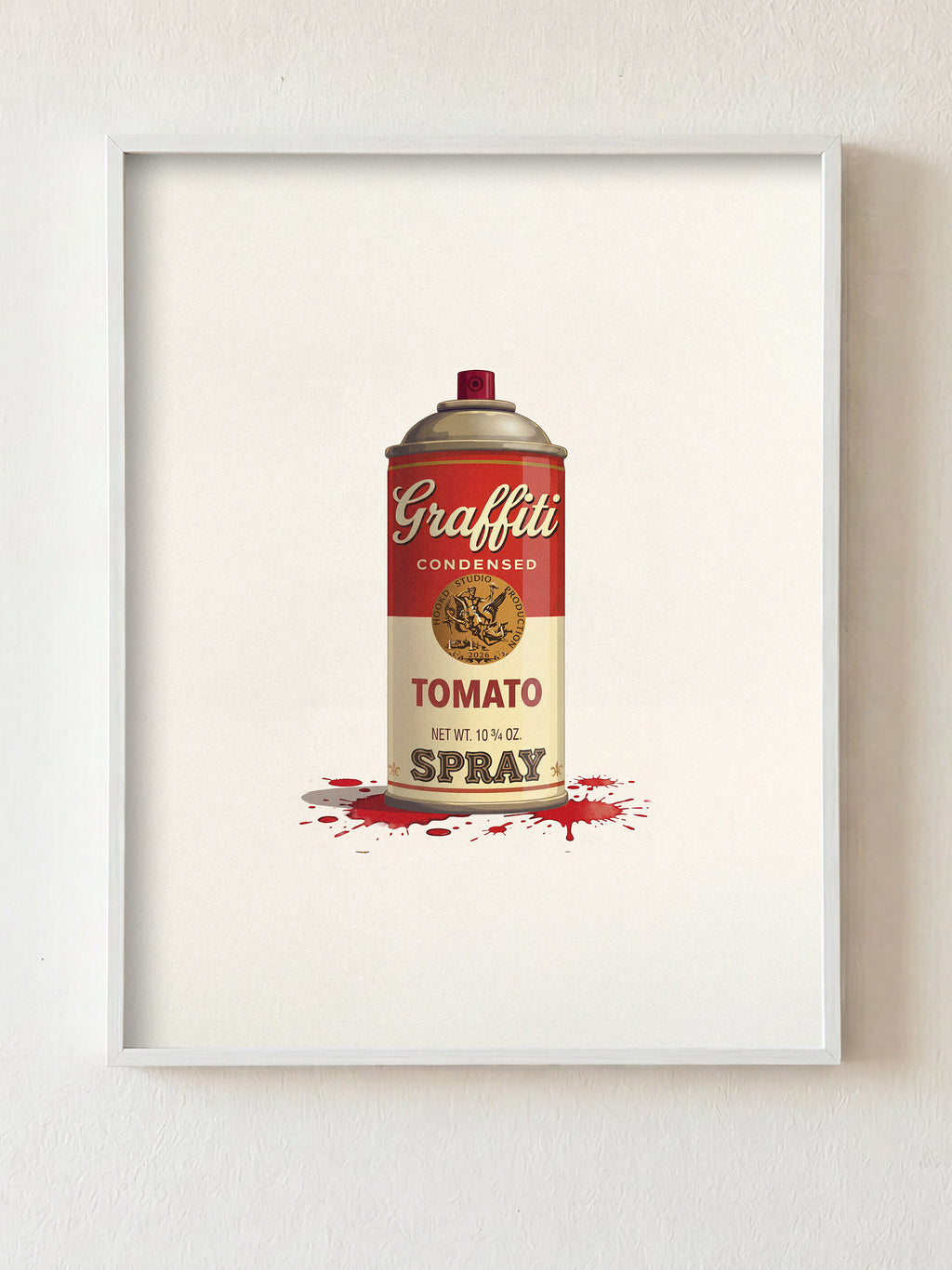 Framed artwork of a can labeled 'Graffiti Tomato Spray' on a white background