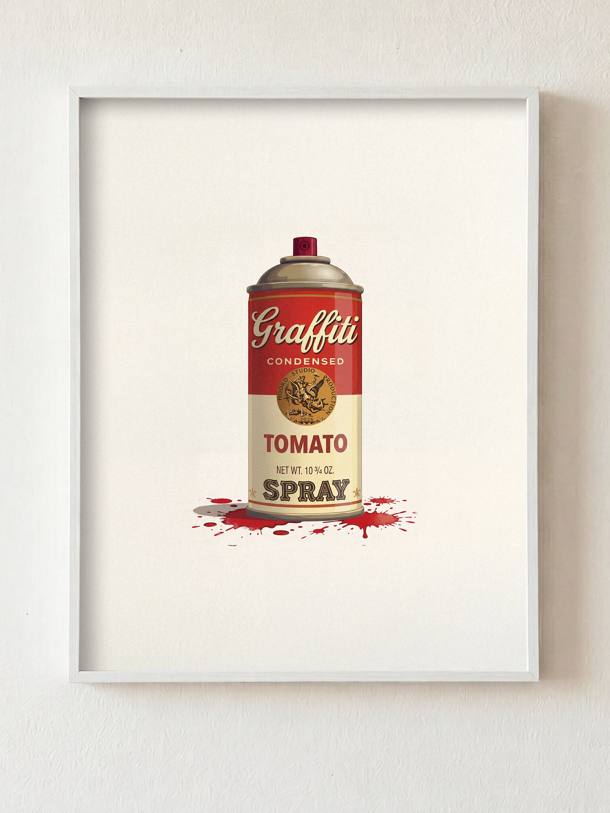 Framed artwork of a can labeled 'Graffiti Tomato Spray' on a white background