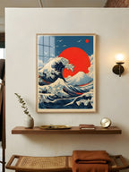 The Unanswerable art print in wood frame displayed above a styled shelf