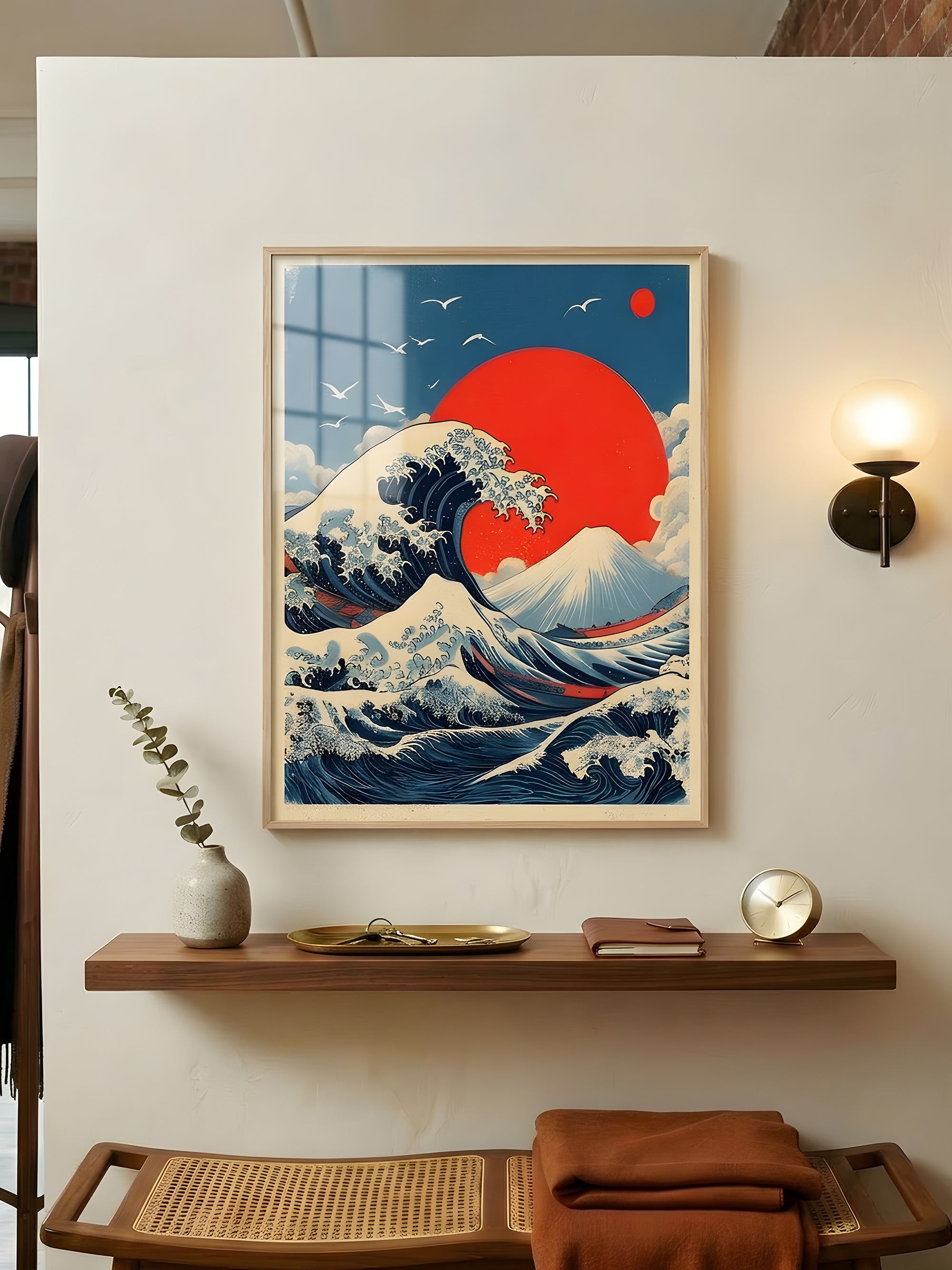 The Unanswerable art print in wood frame displayed above a styled shelf
