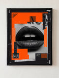 Loose Lips collage art print, black and white macro photography with orange color-blocking and tape collage elements, HOOKD Studio