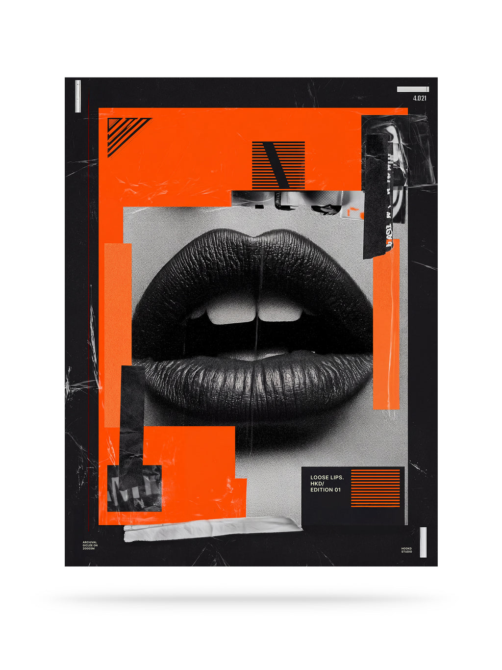Loose Lips collage art print, black and white macro photography with orange color-blocking and tape collage elements, HOOKD Studio