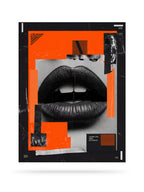 Loose Lips collage art print, black and white macro photography with orange color-blocking and tape collage elements, HOOKD Studio