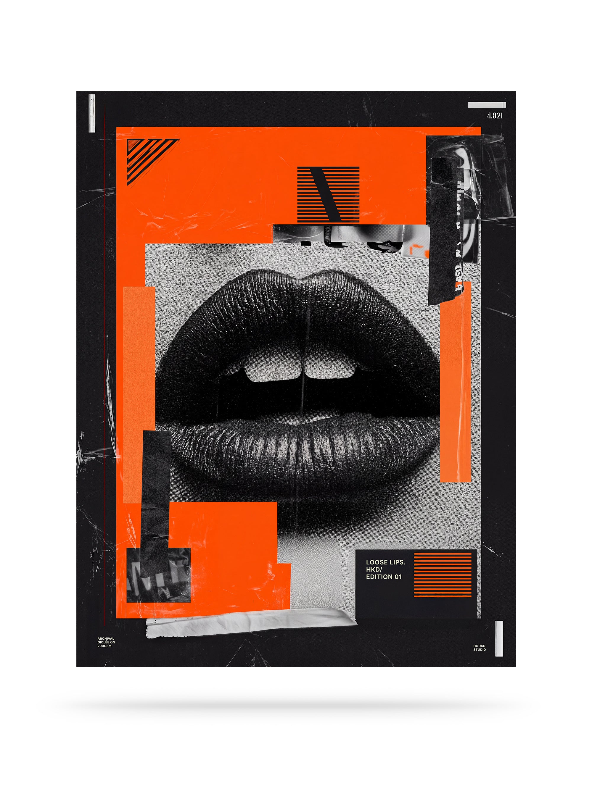 Loose Lips collage art print, black and white macro photography with orange color-blocking and tape collage elements, HOOKD Studio