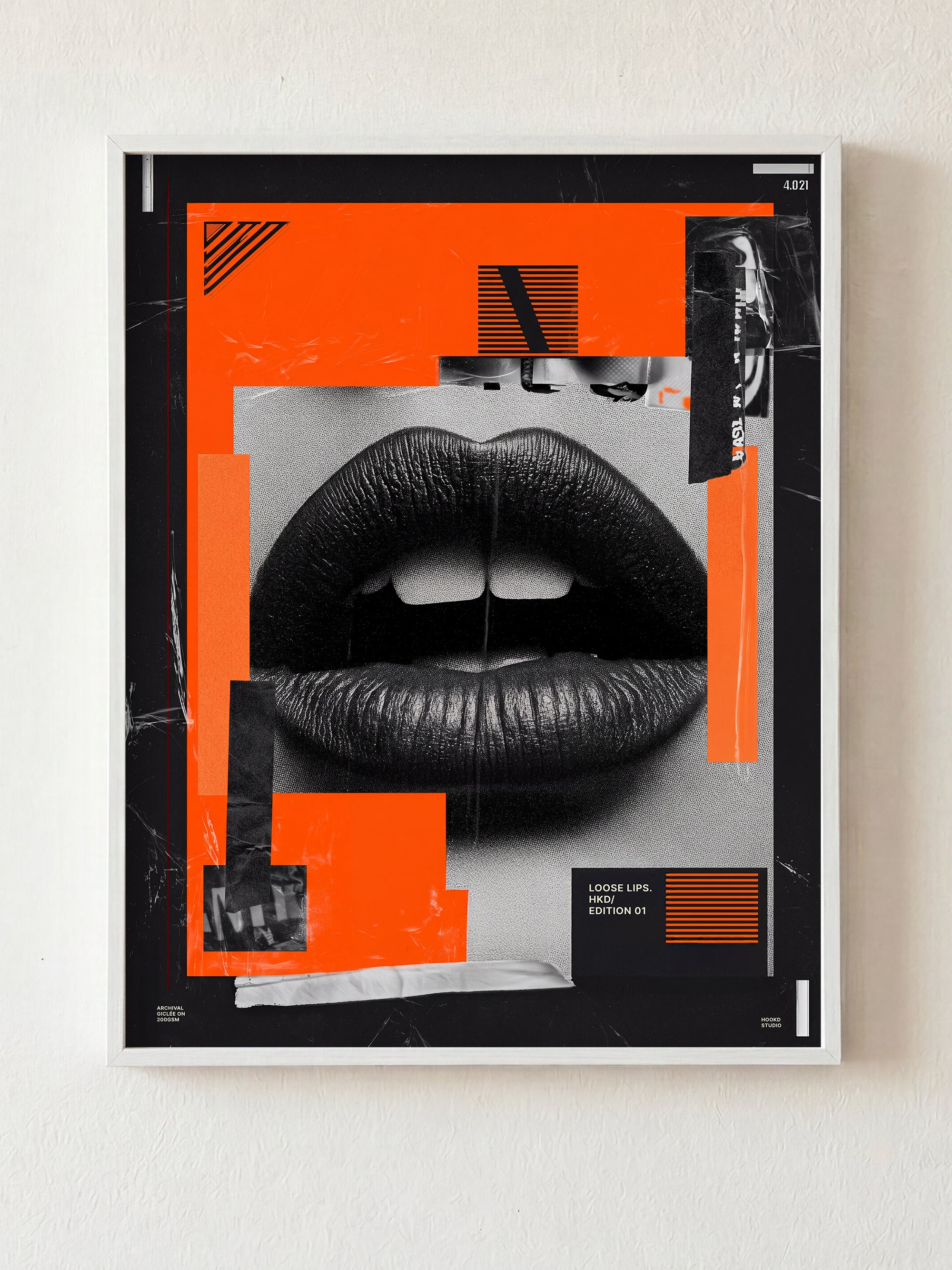 Loose Lips collage art print, black and white macro photography with orange color-blocking and tape collage elements, HOOKD Studio